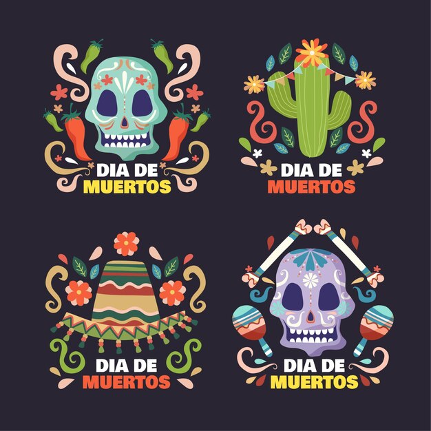 Hand drawn flat dia de muertos badges collection