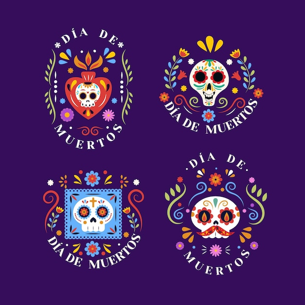 Hand drawn flat dia de muertos badges collection