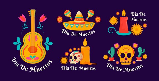 Hand drawn flat dia de muertos badges collection