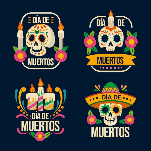 Hand drawn flat dia de muertos badges collection