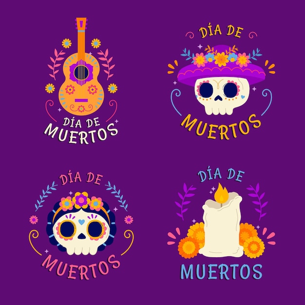 Hand drawn flat dia de muertos badges collection