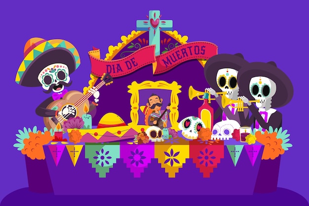 Free Vector hand drawn flat dia de muertos family home altar illustration