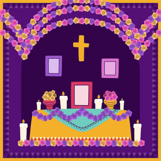 Free vector hand drawn flat dia de muertos family home altar illustration