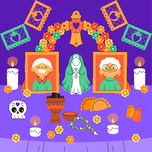 Free vector hand drawn flat dia de muertos family home altar illustration