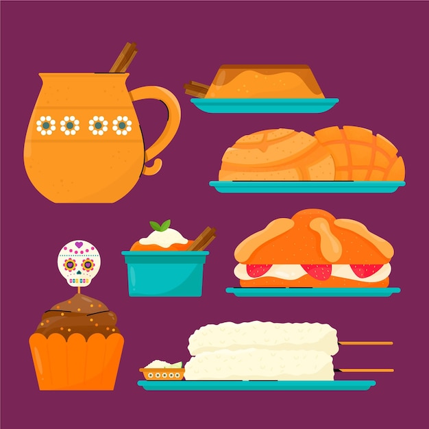 Free vector hand drawn flat dia de muertos food collection