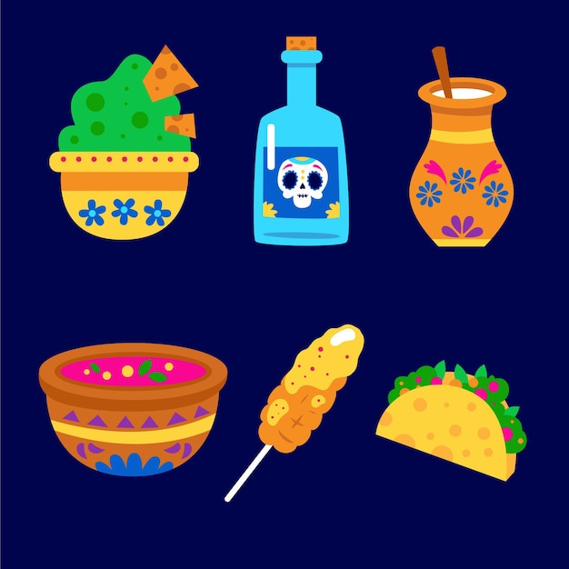 Hand drawn flat dia de muertos food collection