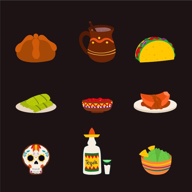 Free Vector hand drawn flat dia de muertos food collection