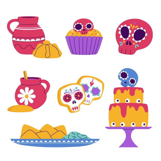 Hand drawn flat dia de muertos food collection