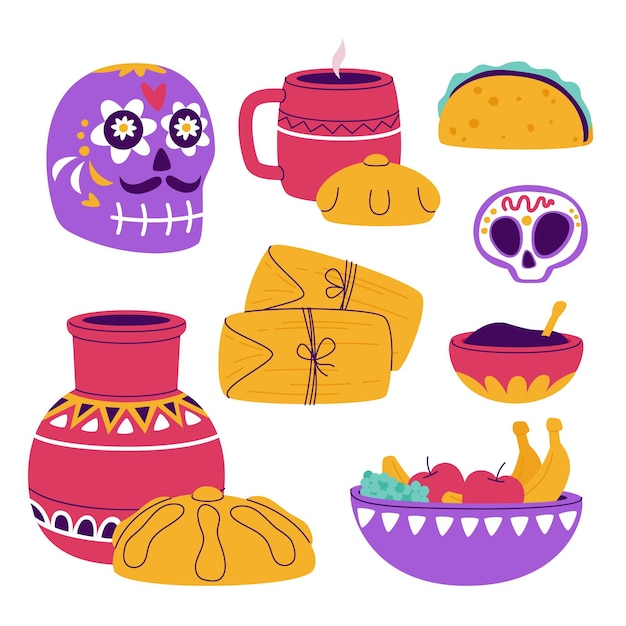 Hand drawn flat dia de muertos food collection