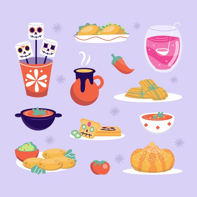 Hand drawn flat dia de muertos food collection