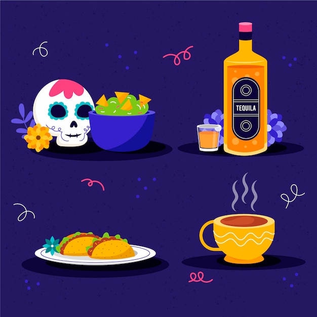 Free Vector hand drawn flat dia de muertos food collection