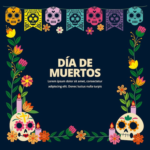 Hand drawn flat dia de muertos frame template