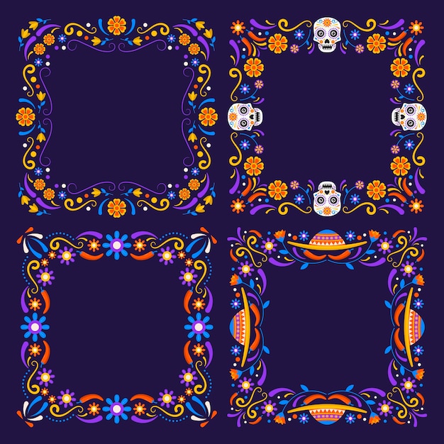 Hand drawn flat dia de muertos frames collection