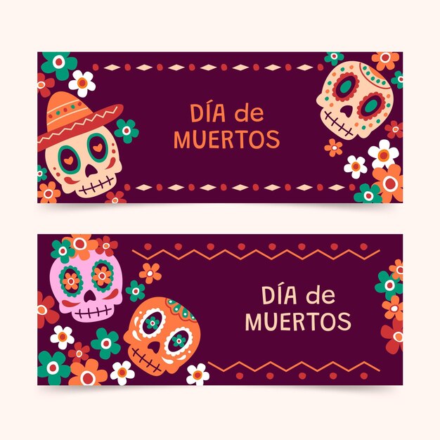 Hand drawn flat dia de muertos horizontal banners set