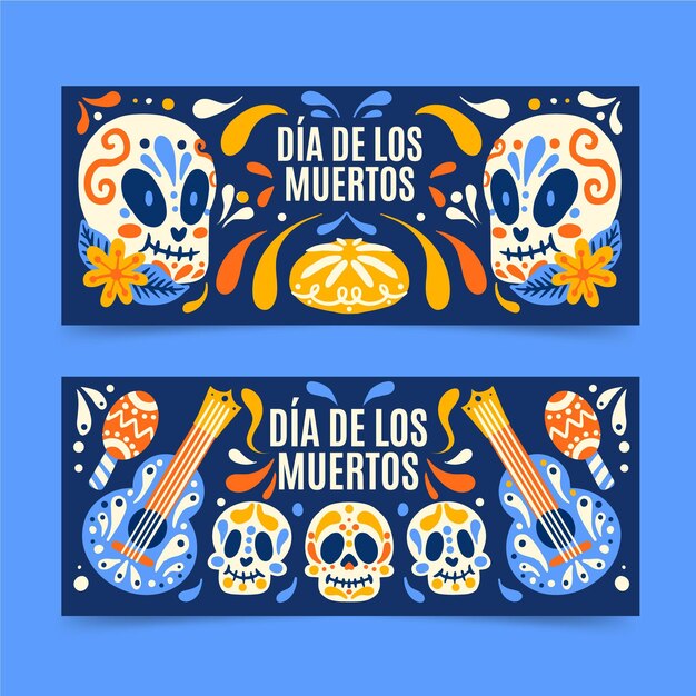 Hand drawn flat dia de muertos horizontal banners set