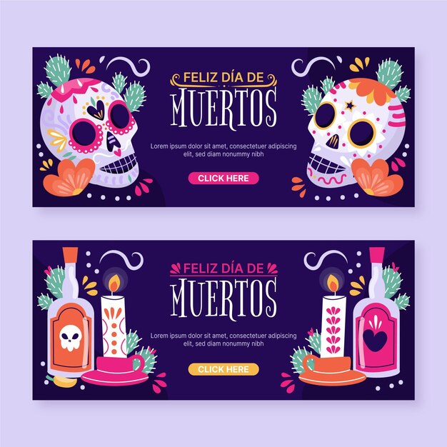 Hand drawn flat dia de muertos horizontal banners set