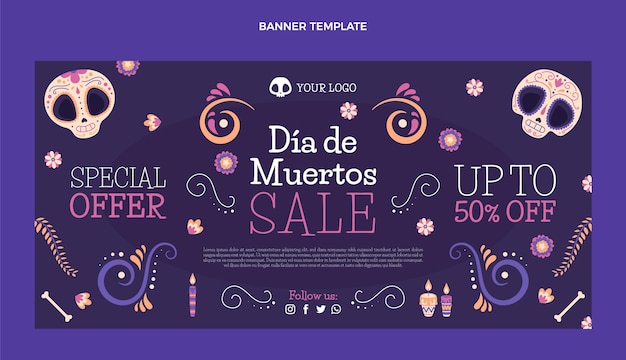 Hand drawn flat dia de muertos horizontal sale banner