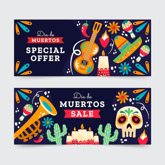 Hand drawn flat dia de muertos horizontal sale banners set