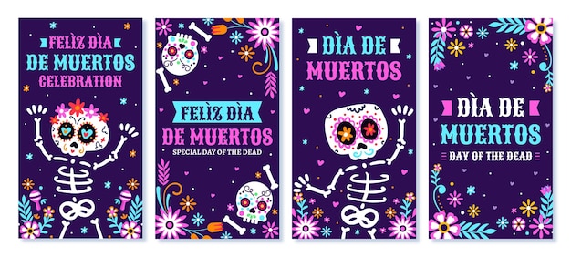 Hand drawn flat dia de muertos instagram stories collection