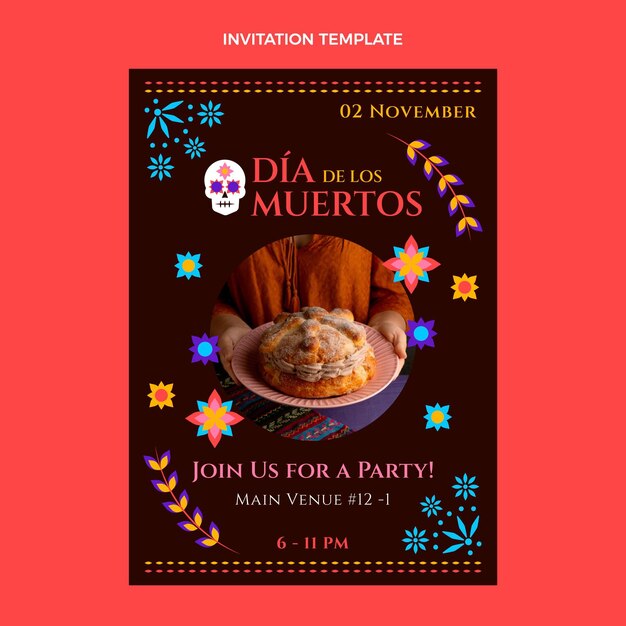 Hand drawn flat dia de muertos invitation template