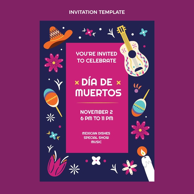 Free Vector hand drawn flat dia de muertos invitation template