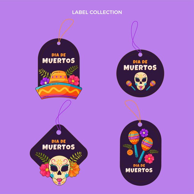 Hand drawn flat dia de muertos label and badges