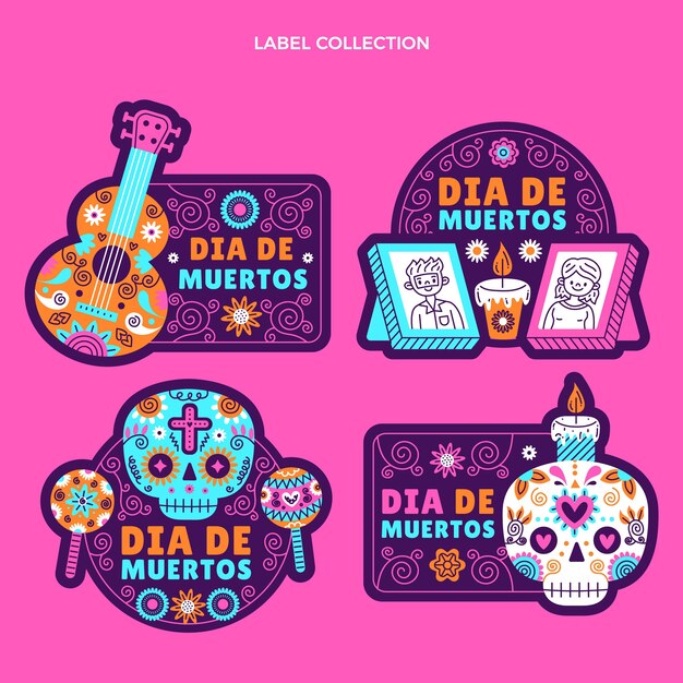 Hand drawn flat dia de muertos labels collection