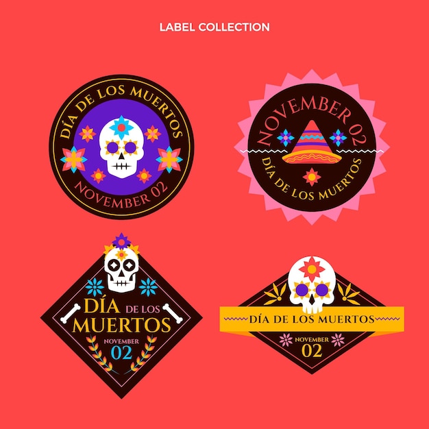 Hand drawn flat dia de muertos labels collection