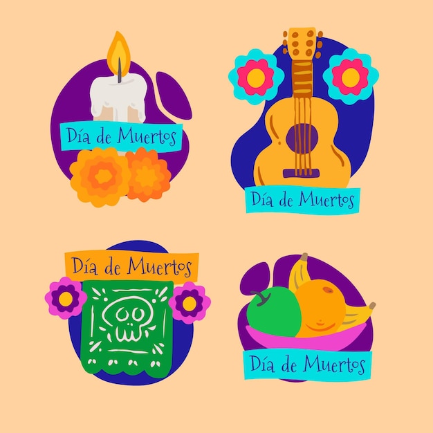 Hand drawn flat dia de muertos labels collection