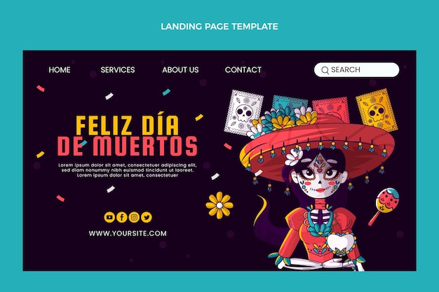 Hand drawn flat dia de muertos landing page template