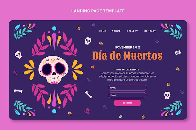 Hand drawn flat dia de muertos landing page template