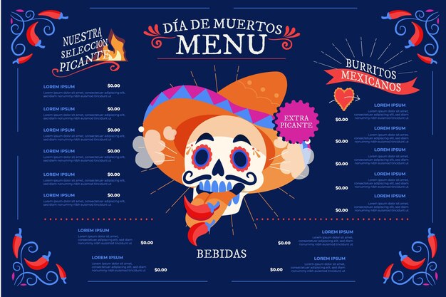 Hand drawn flat dia de muertos menu template