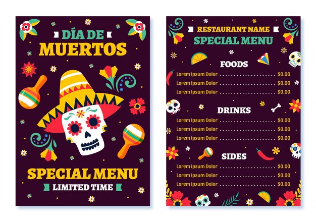 Hand drawn flat dia de muertos menu template