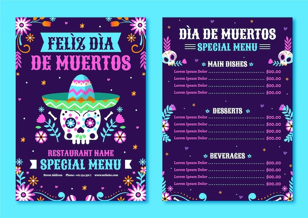 Hand drawn flat dia de muertos menu template