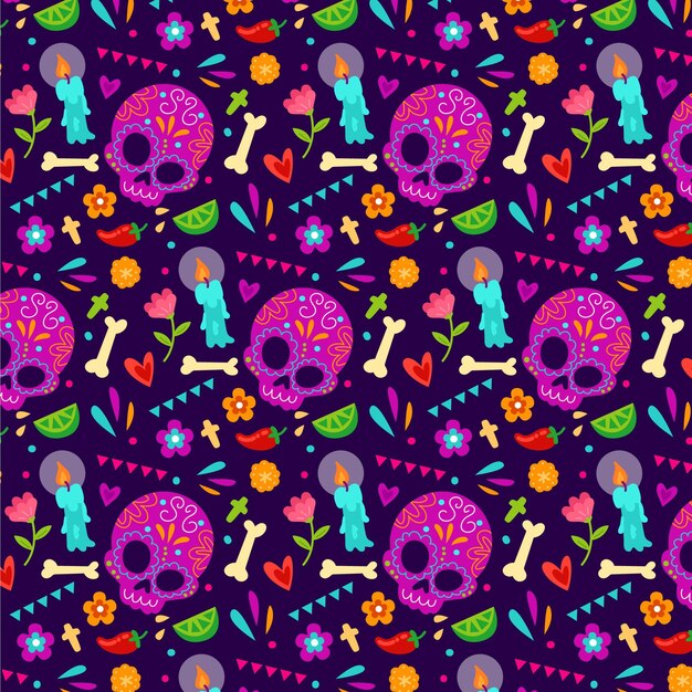 Hand drawn flat dia de muertos pattern design