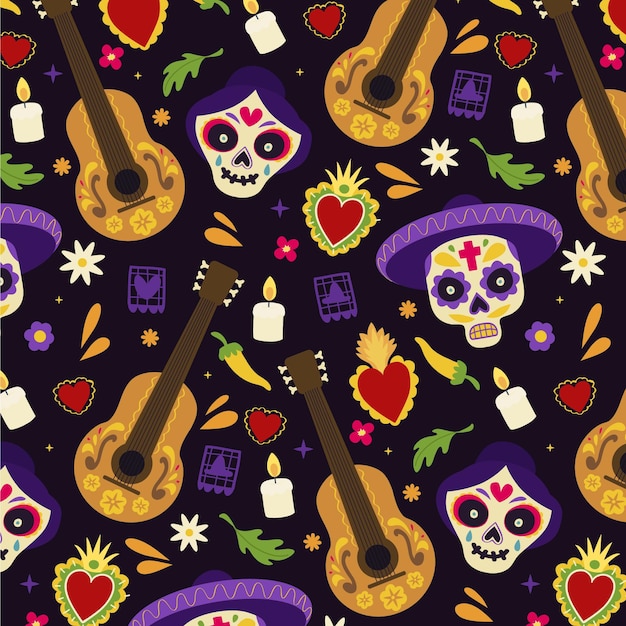 Hand drawn flat dia de muertos pattern design