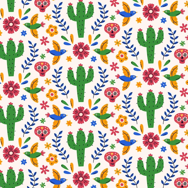 Hand drawn flat dia de muertos pattern design