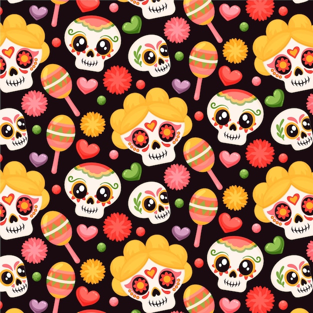 Hand drawn flat dia de muertos pattern design