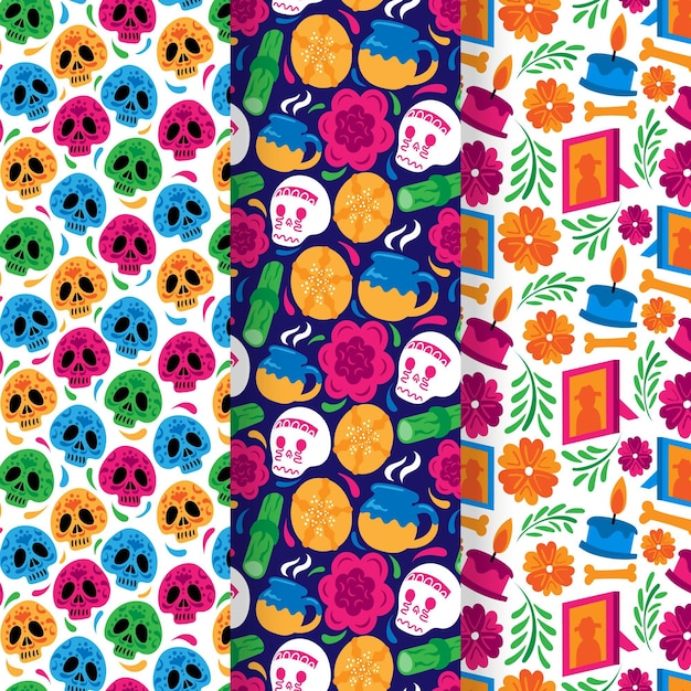 Free vector hand drawn flat dia de muertos patterns collection