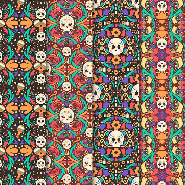 Free vector hand drawn flat dia de muertos patterns collection