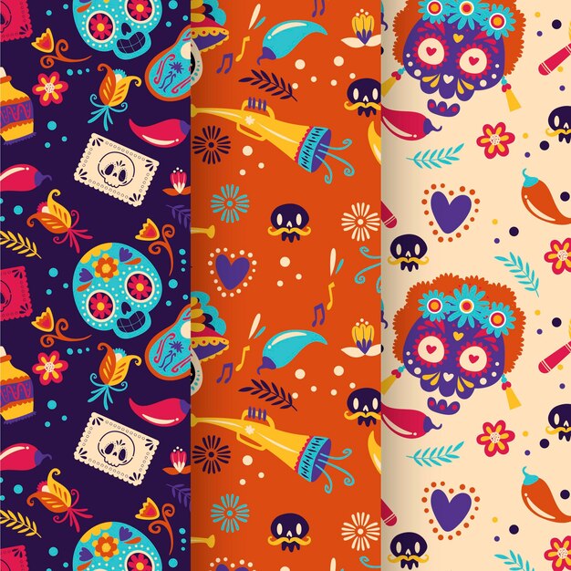 Hand drawn flat dia de muertos patterns collection