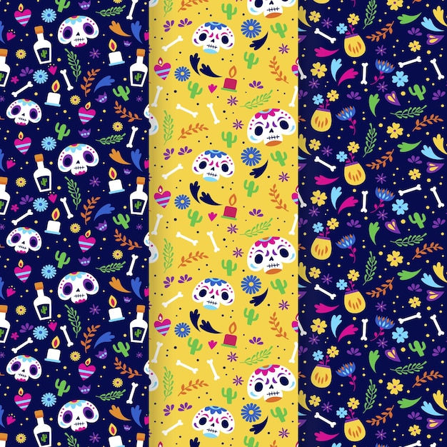 Hand drawn flat dia de muertos patterns collection