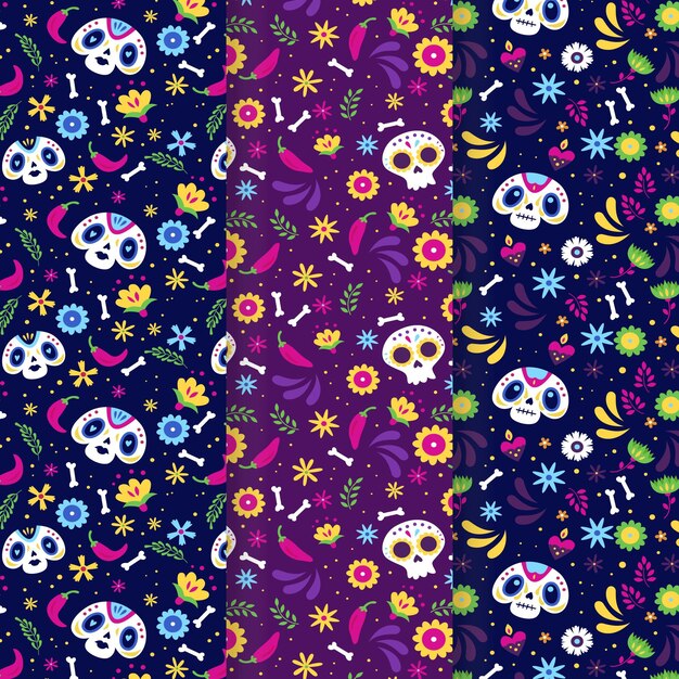 Hand drawn flat dia de muertos patterns collection