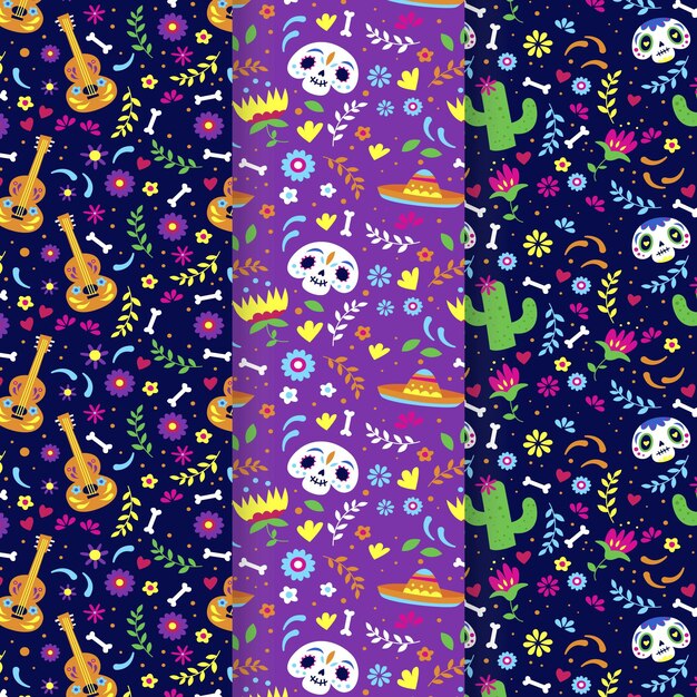 Hand drawn flat dia de muertos patterns collection