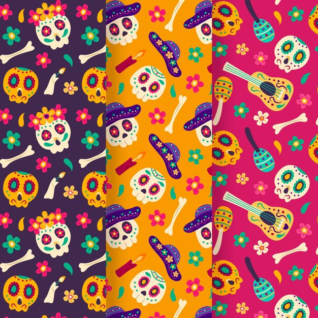 Hand drawn flat dia de muertos patterns collection