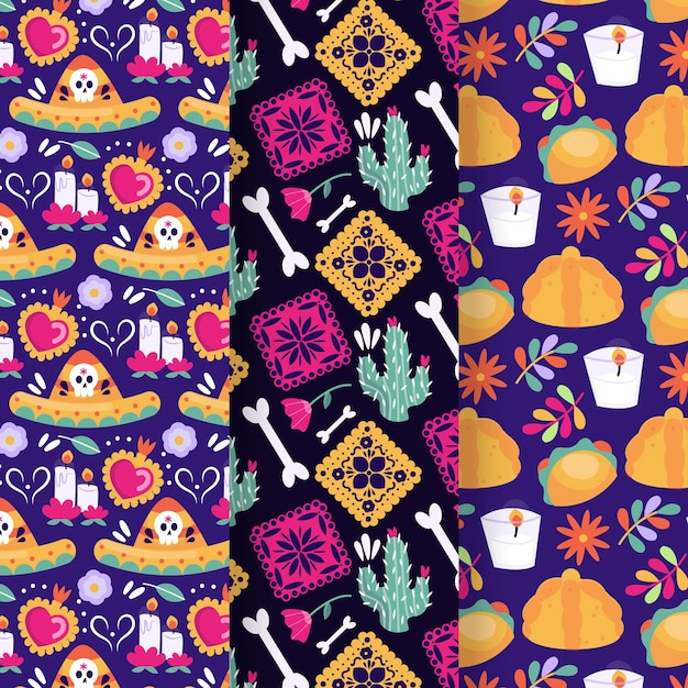 Hand drawn flat dia de muertos patterns collection