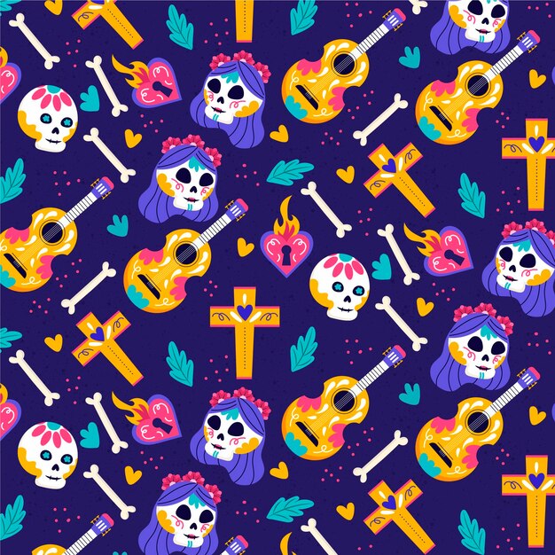 Hand drawn flat dia de muertos patterns collection