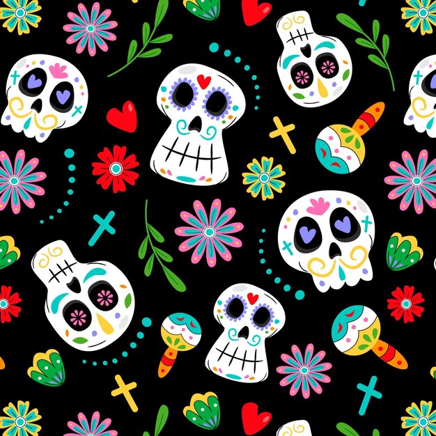 Hand drawn flat dia de muertos patterns collection