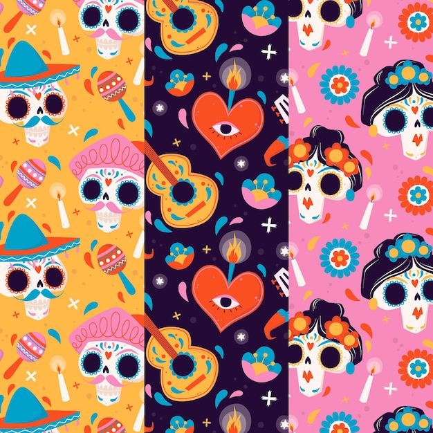 Hand drawn flat dia de muertos patterns collection