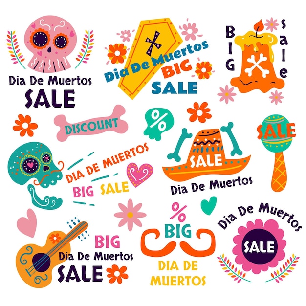 Free Vector hand drawn flat dia de muertos sale labels collection